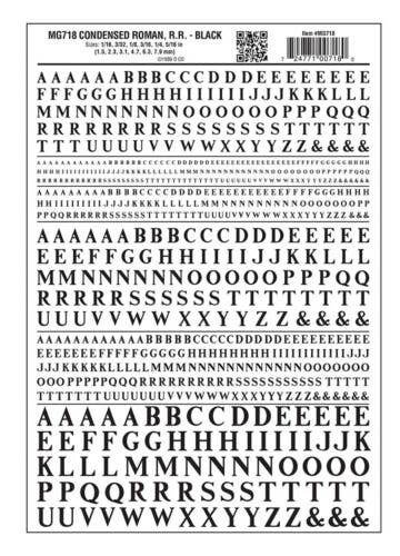 Dry Transfer Alphabet & Numbers - Condensed Railroad Roman -- Black, All Scales, Woodland Scenics 718