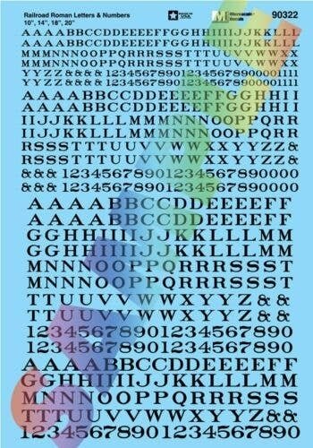 Alphabet Decal Set -- Railroad Roman Letters & Numbers 10, 14, 18, 20′ (black), HO, Microscale Industries Inc 90322