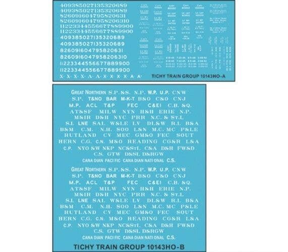 Railroad Decal Set -- 50+ Roadnames for Flatcars (white lettering), N, Tichy Train Group 101436N
