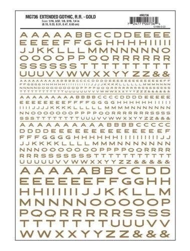 Dry Transfer Alphabet & Numbers - Extended Railroad Gothic -- Gold, All Scales, Woodland Scenics 736