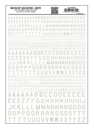 Dry Transfer Alphabet & Numbers - 45-Degree USA Gothic (Military Style) -- White, All Scales, Woodland Scenics 740