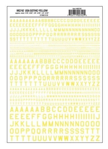 Dry Transfer Alphabet - 45 Degree USA Gothic (Military Style) -- Yellow, All Scales, Woodland Scenics 742