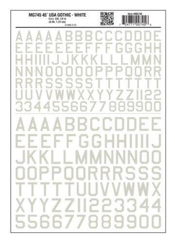 Dry Transfer Alphabet & Numbers - 45 Degree USA Gothic (Military 3/8 & 1/2′ -- White, All Scales, Woodland Scenics 745