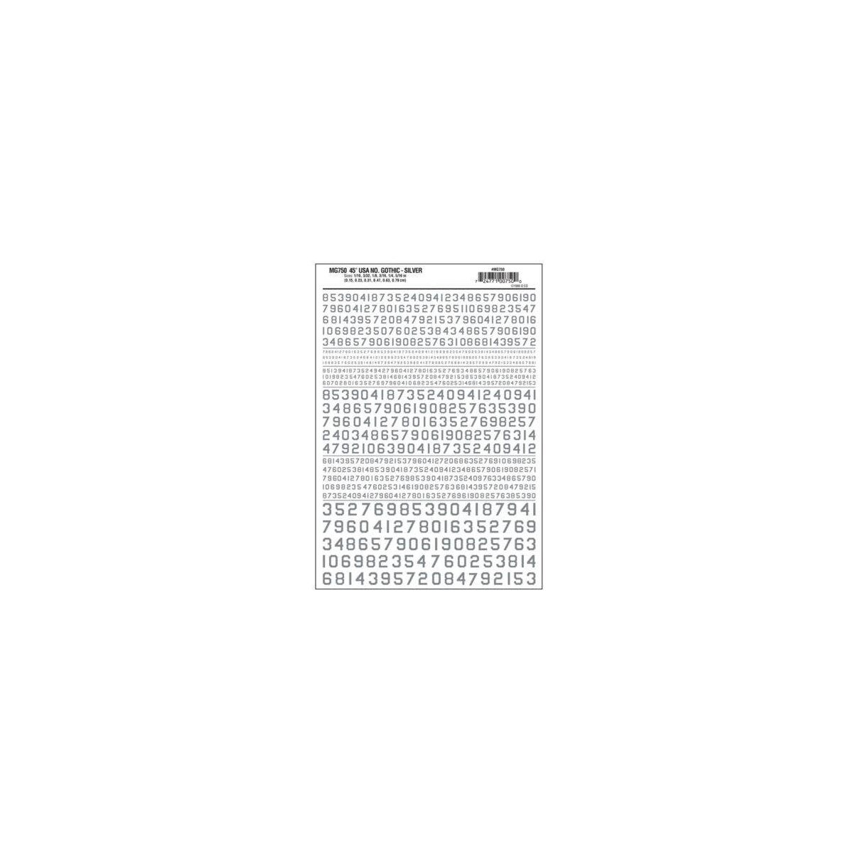 Dry Transfer Numbers Only - 45 Degree USA Gothic (Military Style) -- Silver, All Scales, Woodland Scenics 750