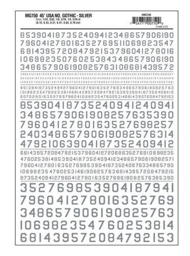 Dry Transfer Numbers Only - 45 Degree USA Gothic (Military Style) -- Silver, All Scales, Woodland Scenics 750