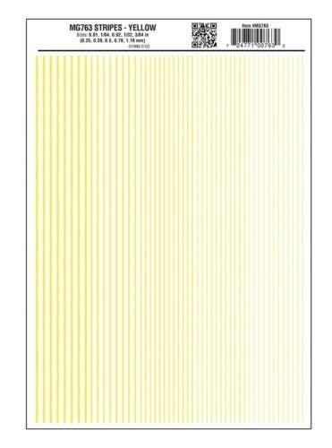 Dry Transfer Stripes - .010, 1/64, .022, 1/32 & 3/64′ Wide -- Yellow, All Scales, Woodland Scenics 763