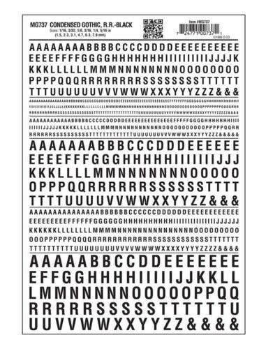 Dry Transfer Alphabet & Numbers - Condensed Railroad Gothic -- Black, All Scales, Woodland Scenics 737