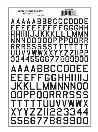 Dry Transfer Alphabet & Numbers - 45 Degree USA Gothic (Military 3/8 & 1/2′ -- Black, All Scales, Woodland Scenics 744