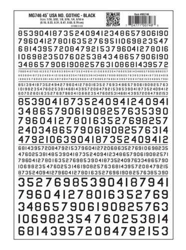 Dry Transfer Numbers Only - 45 Degree USA Gothic (Military Style) -- Black, All Scales, Woodland Scenics 746