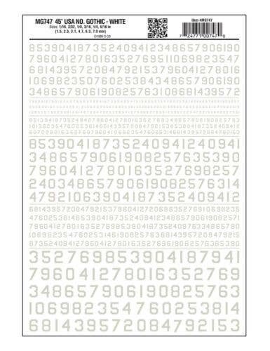 Dry Transfer Numbers Only - 45 Degree USA Gothic (Military Style) -- White, All Scales, Woodland Scenics 747