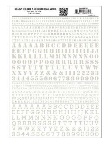 Dry Transfer Alphabet & Numbers - Stencil/Block Roman -- White, All Scales, Woodland Scenics 752
