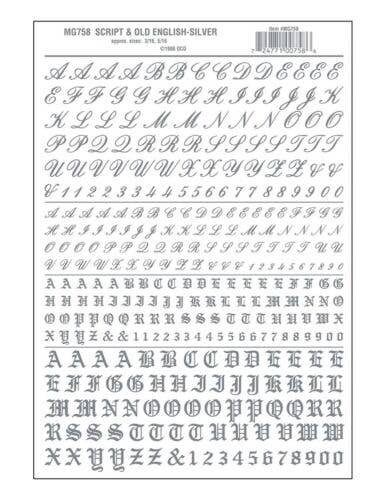 Dry Transfer Alphabet & Numbers - Script/Old English -- Silver, All Scales, Woodland Scenics 758