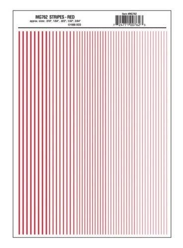 Dry Transfer Stripes - .010, 1/64, .022, 1/32 & 3/64′ Wide -- Red, All Scales, Woodland Scenics 762