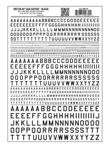 Dry Transfer Alphabet & Numbers - 45-Degree USA Gothic (Military Style) -- Black, All Scales, Woodland Scenics 739