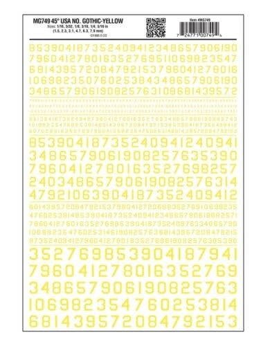 Dry Transfer Numbers Only - 45 Degree USA Gothic (Military Style) -- Yellow, All Scales, Woodland Scenics 749