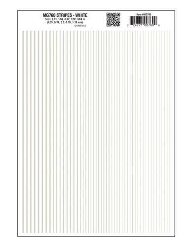 Dry Transfer Stripes - .010, 1/64, .022, 1/32 & 3/64′ Wide -- White, All Scales, Woodland Scenics 760