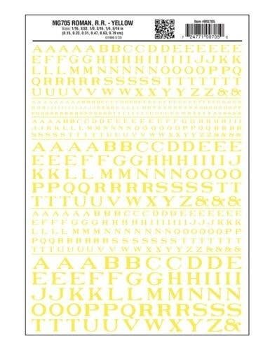 Dry Transfer Alphabet - Railroad Roman - 1/16, 3/32, 1/8, 3/16, 1/4 & 5/16′ -- Yellow, All Scales, Woodland Scenics 705