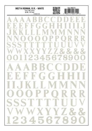 Dry Transfer Alphabet & Numbers - Railroad Roman (3/8 & 1/2′) -- White, All Scales, Woodland Scenics 714