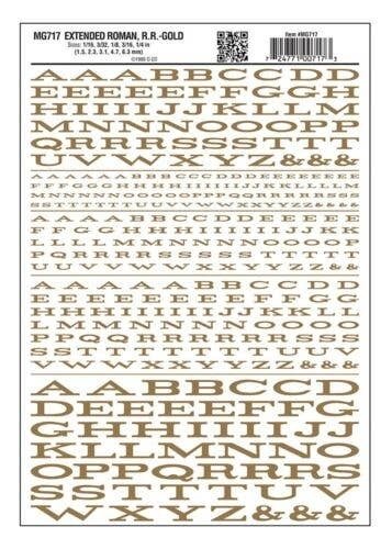 Dry Transfer Alphabet & Numbers - Extended Railroad Roman -- Gold, All Scales, Woodland Scenics 717