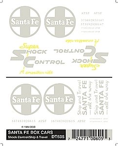Dry Transfer Railroad Lettering Sets -- ATSF Boxcars (`Super Shock Control`, `Ship & Travel` Larg, HO, Woodland Scenics 605