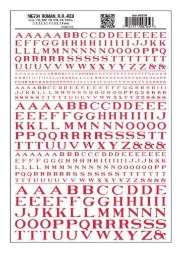 Dry Transfer Alphabet - Railroad Roman - 1/16, 3/32, 1/8, 3/16, 1/4 & 5/16′ -- Red, All Scales, Woodland Scenics 704