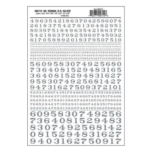 Dry Transfer Numbers - Railroad Roman - 1/16, 3/32, 1/8, 3/16, 1/4 & 5/16′ -- Silver, All Scales, Woodland Scenics 712