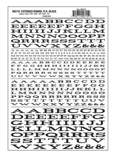Dry Transfer Alphabet & Numbers - Extended Railroad Roman -- Black, All Scales, Woodland Scenics 715