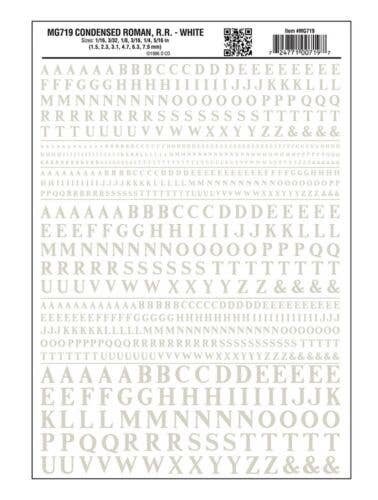 Dry Transfer Alphabet & Numbers - Condensed Railroad Roman -- White, All Scales, Woodland Scenics 719
