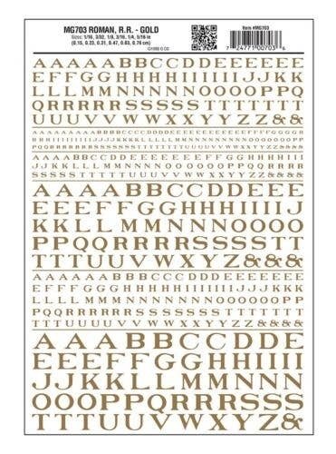 Dry Transfer Alphabet - Railroad Roman - 1/16, 3/32, 1/8, 3/16, 1/4 & 5/16′ -- Gold, All Scales, Woodland Scenics 703