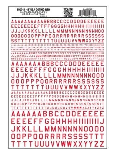 Dry Transfer Alphabet & Numbers - 45-Degree USA Gothic (Military Style) -- Red, All Scales, Woodland Scenics 741