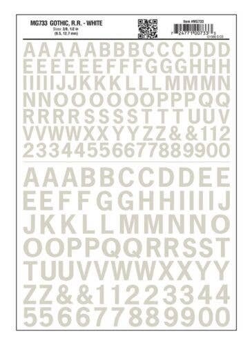 Dry Transfer Alphabet & Numbers - Railroad Gothic - 3/8 & 1/2′ 1 & 1.3cm -- White, All Scales, Woodland Scenics 733