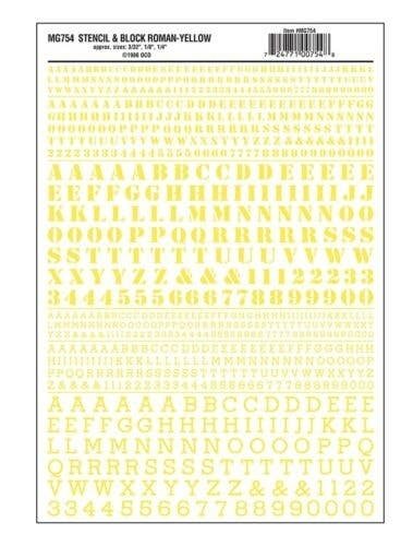 Dry Transfer Alphabet & Numbers - Stencil/Block Roman -- Yellow, All Scales, Woodland Scenics 754