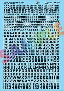 Alphabet & Number Decal Set -- Gothic Block (black) 10`, 14`, 18`, 20`, HO, Microscale Industries Inc 90302