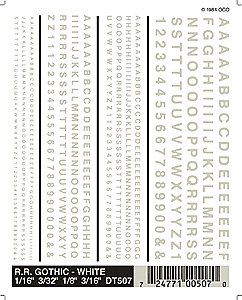 Dry Transfer Alphabet & Number Sets -- Railroad Gothic Type Face (white), All Scales, Woodland Scenics 507