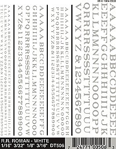 Dry Transfer Alphabet & Number Sets -- Railroad Roman Type Face (white), All Scales, Woodland Scenics 506