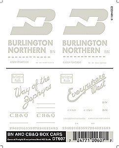 Dry Transfer Railroad Lettering Sets -- BN & CB&Q Boxcars `Way of the Zephyrs`, `Everywhere West`, HO, Woodland Scenics 607