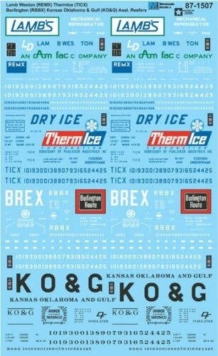 Railroad Decal Set -- Reefers: Lamb Weston REMX, Thermice TICX, CB&Q RBBX, Kansas Okla, N, Microscale Industries Inc 601507
