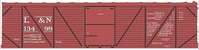 Railroad Decal Set -- Louisville & Nashville 40′ Single-Sheathed Wood Boxcar (Boxcar Red, No L, O, Tichy Train Group 10242O