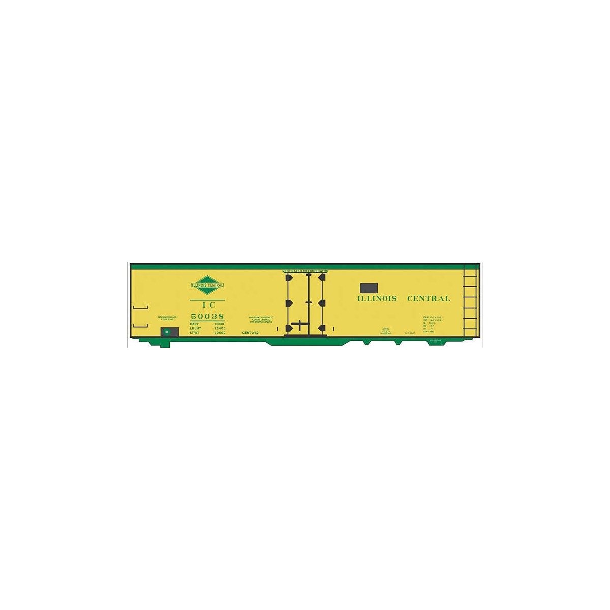 Railroad Decal Set -- Illinois Central 40′ Steel Reefer (yellow Car, green Lettering & Diamond, O, Tichy Train Group 10229O