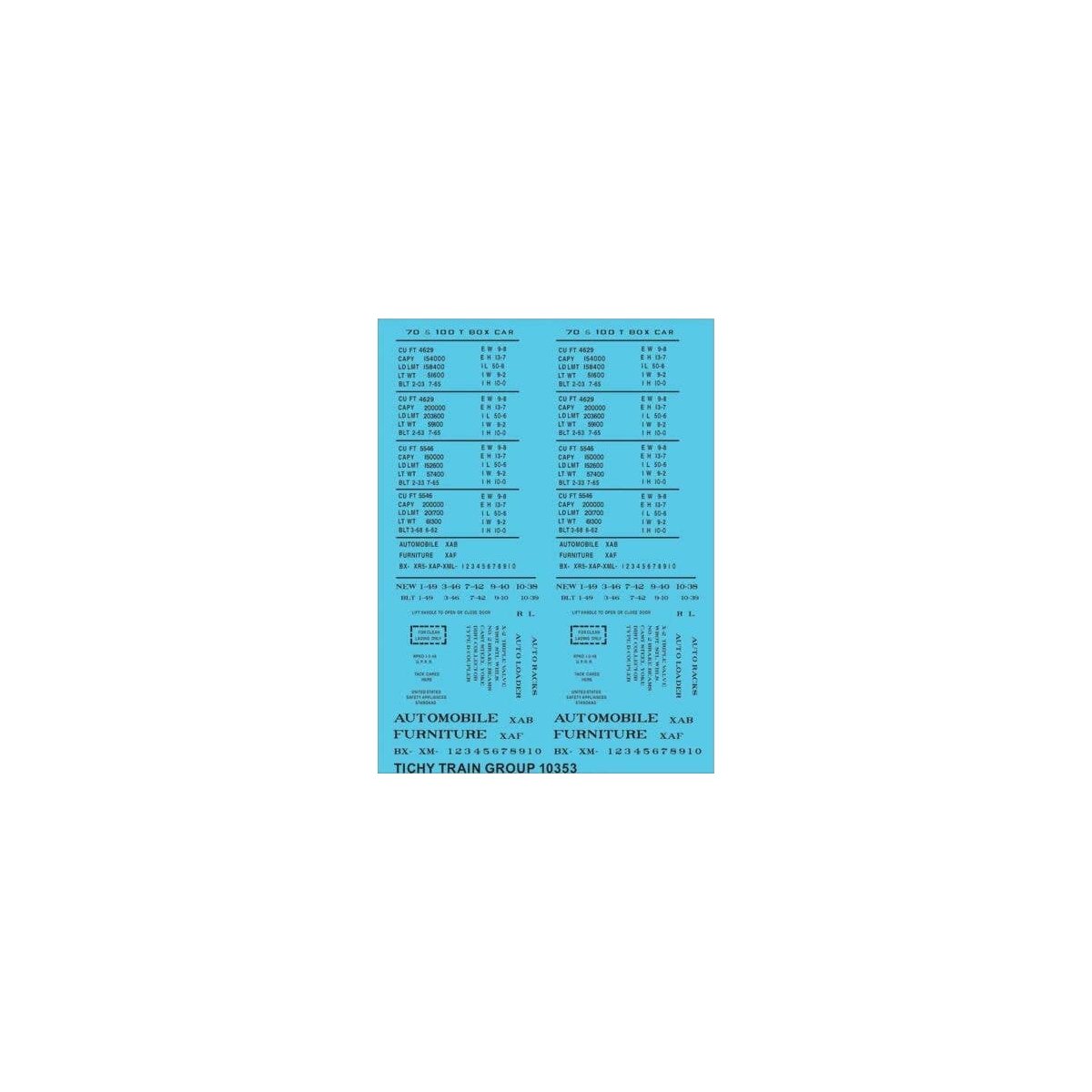 Railroad Decal Set -- 70 and 100-Ton 50′ Steel Boxcar Data (black), HO, Tichy Train Group 10353