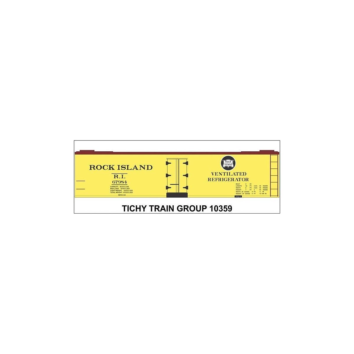 Railroad Decal Set -- Rock Island 40′ Wood Reefer (yellow car), HO, Tichy Train Group 10359