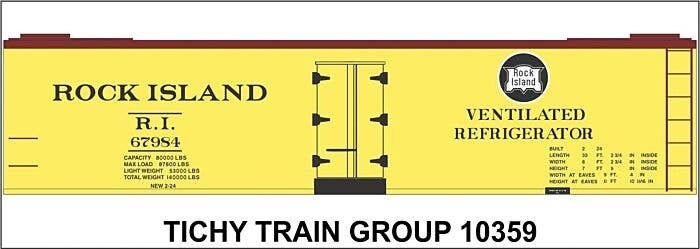 Railroad Decal Set -- Rock Island 40′ Wood Reefer (yellow car), HO, Tichy Train Group 10359