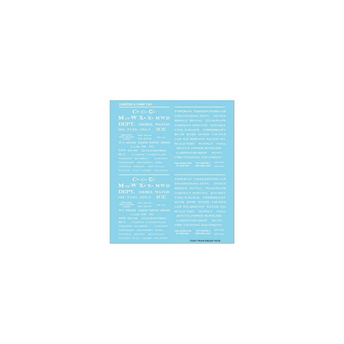 Railroad Decal Set -- Maintenance-of-Way and Camp Car Data (white lettering), HO, Tichy Train Group 10378