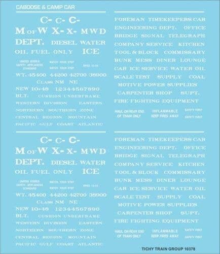 Railroad Decal Set -- Maintenance-of-Way and Camp Car Data (white lettering), HO, Tichy Train Group 10378