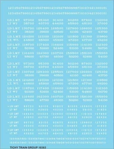 Railroad Decal Set -- Load Limit and Light Weight (LD LMT and LT WT) Data (white lettering), HO, Tichy Train Group 10383