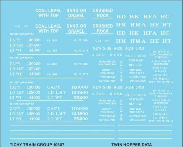 Railroad Decal Set -- Generic 2-Bay Steel Hopper Data (white lettering), N, Tichy Train Group 10387N