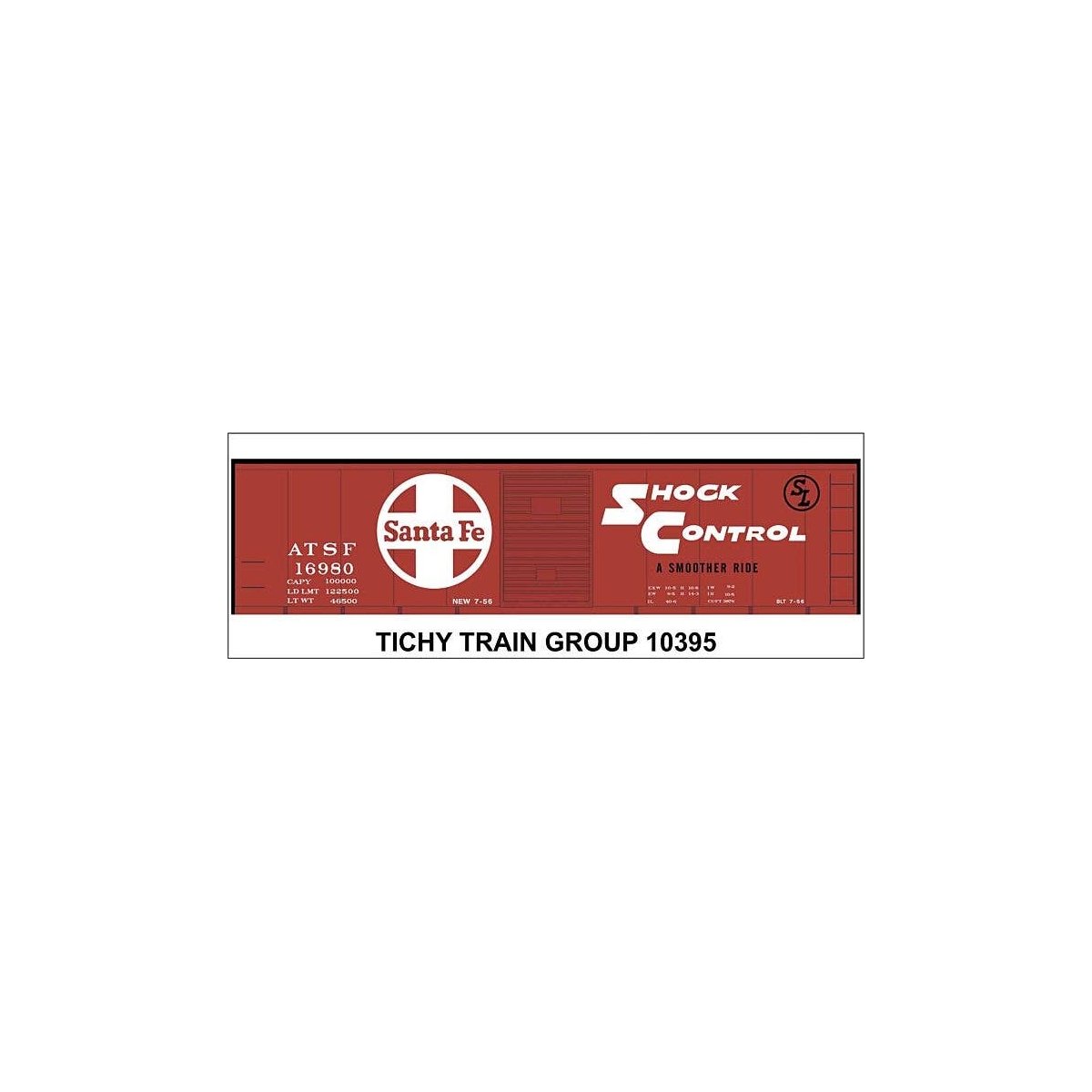 Railroad Decal Set -- Santa Fe 40′ Steel Boxcar (red car, Shock Control, Large Logo), HO, Tichy Train Group 10395