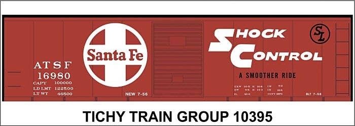 Railroad Decal Set -- Santa Fe 40′ Steel Boxcar (red car, Shock Control, Large Logo), HO, Tichy Train Group 10395