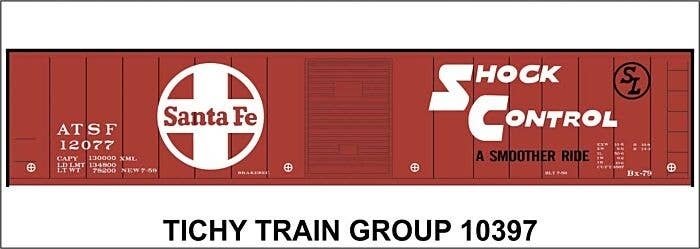 Railroad Decal Set -- Santa Fe 50′ Steel Boxcar (red car, 12000 Series, Shock Control, Large L, HO, Tichy Train Group 10397