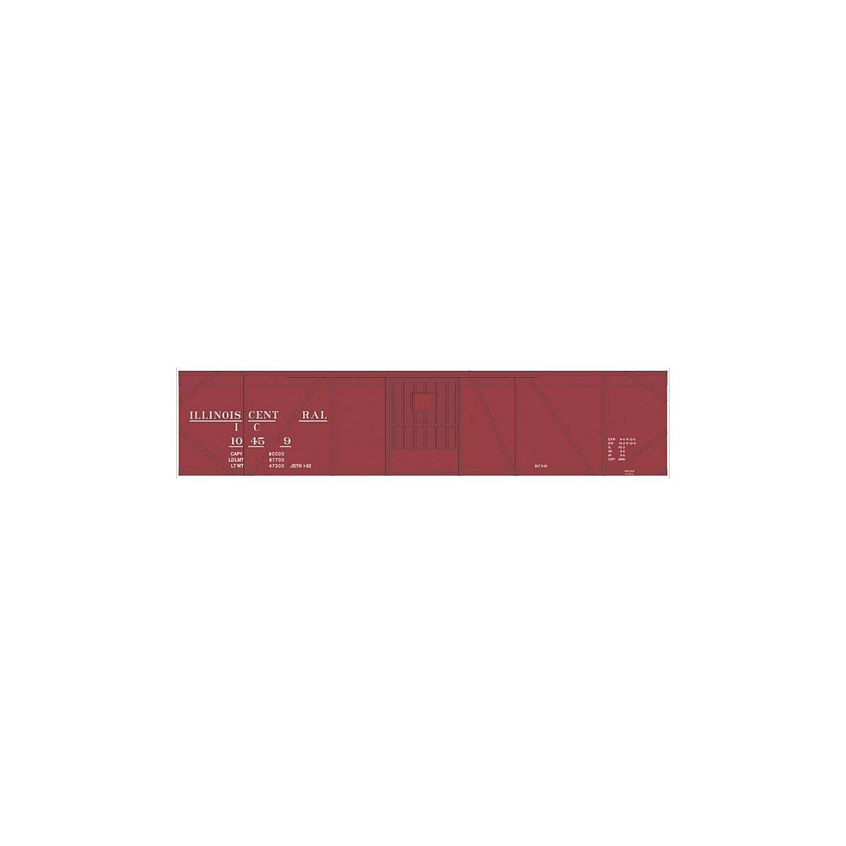 Railroad Decal Set -- Illinois Central 50′ Single-Door Single-Sheathed Boxcar (Boxcar Red, No , HO, Tichy Train Group 10224